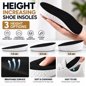 Puede incluir: Plantillas para aumentar la altura con superficie de tela negra y base blanca texturizada. El conjunto incluye tres opciones de altura de 1,5 cm, 2,5 cm y 3,5 cm. Presentan una superficie transpirable, absorción de impactos y diseño acolchado.