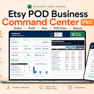 May include: A digital dashboard for Etsy POD Business Command Center Pro displayed on a laptop and smartphone screen, featuring financial reports, order tracking, profit analysis, and data visualization charts for business management.