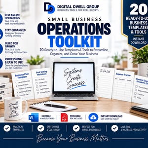 Op de afbeelding: Een digitale toolkit voor bedrijfsactiviteiten met een laptop die de tekst Systems Create Success weergeeft, omringd door geprinte sjablonen waaronder een bedrijfsplan, doelstellingenblad, takenlijst, onkostenoverzicht en standaardprocedures.