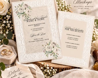 Wedding Invitation Canva Template | Editable Wedding Invitation | Digital Wedding Invite | Romantic Floral Lace Design | Instant Download