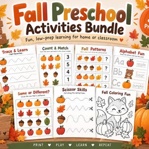 May include: A Fall Preschool Activities Bundle featuring 30 printable pages for ages 3-5. The set includes worksheets for tracing, counting, patterns, alphabet practice, scissor skills, and coloring, decorated with pumpkins, leaves, and a squirrel.