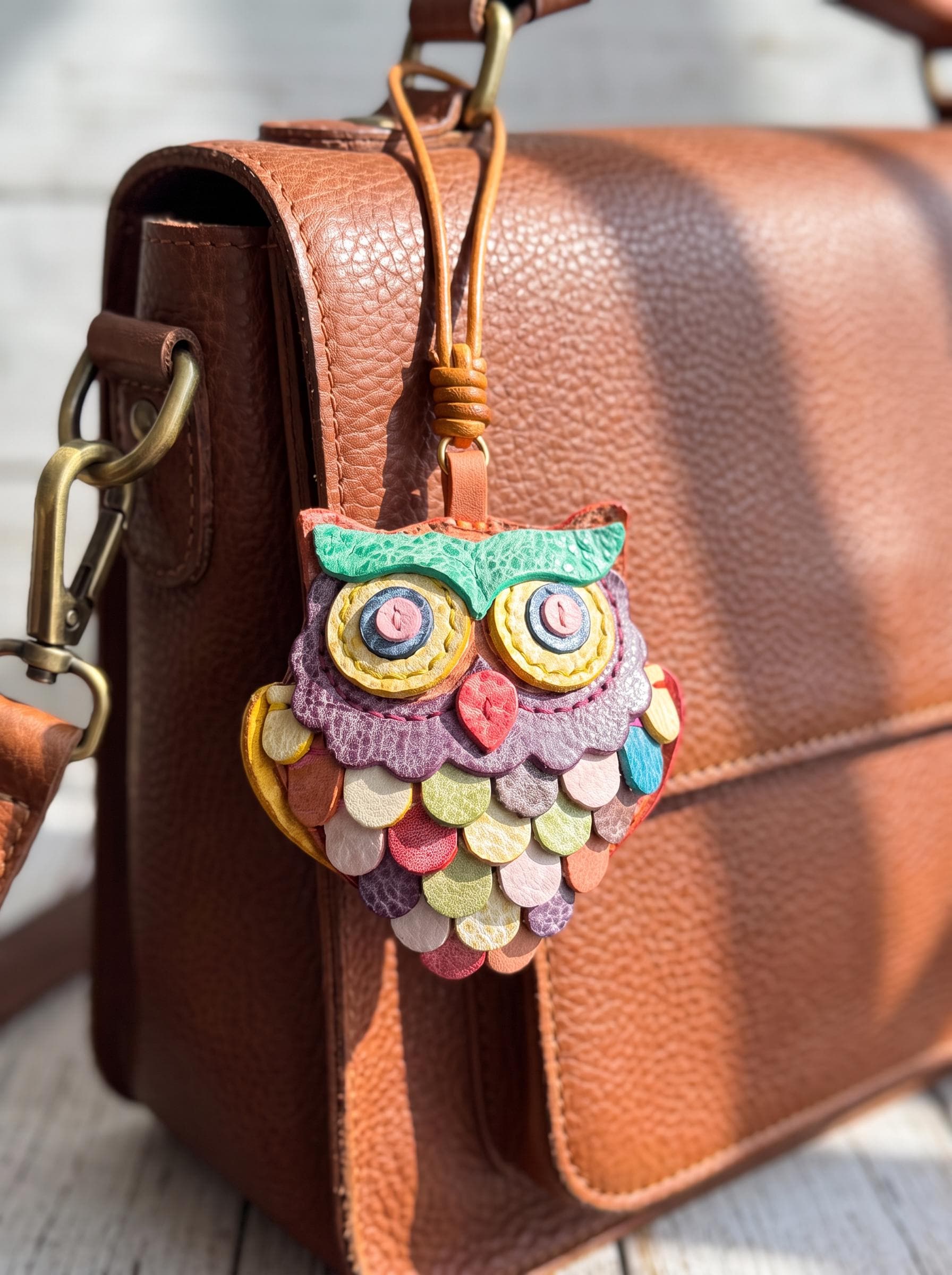 Leather Owl Bag Charm, Handmade Layered Feather Owl Keychain, Cute Purse Accessory, Owl Lover Birthd