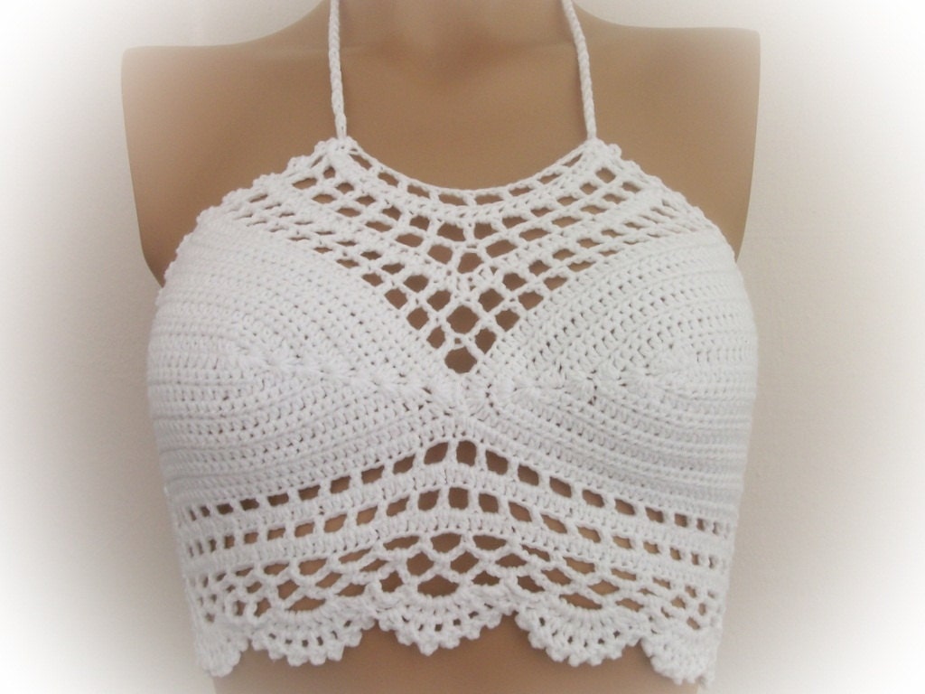 White Crochet Halter Top-White Crochet Hippie Fringe | Etsy
