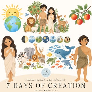 Könnte beinhalten: Eine digitale Clipart-Sammlung mit dem Titel 7 DAYS OF CREATION mit Aquarellillustrationen von Sonne, Erde, Apfelzweig, Tieren und zwei Figuren in einfacher Kleidung. Das Set enthält 40 Dateien, 300 DPI und PNG-Dateien für die kommerzielle Nutzung.