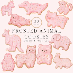 Puede incluir: Una colección digital de 30 galletas de animales glaseadas con varias criaturas como cebra, caimán, mono, cerdo, foca, canguro, elefante, pingüino, llama, oso y conejo, todas cubiertas de glaseado rosa con chispas de colores y texto.