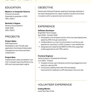 May include: A professional resume document for Taylor Bennett featuring contact information, education, objective, experience, projects, and volunteer experience sections. The layout is organized with black text on a white background, detailing academic and career history.