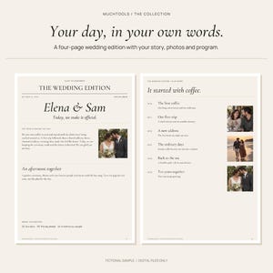 Periódico de boda personalizado, programa de 4 páginas e historia de amor, PDF personalizado
