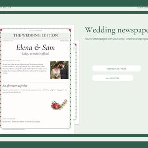 Periódico nupcial personalizado, programa floral de 4 páginas e historia de amor.