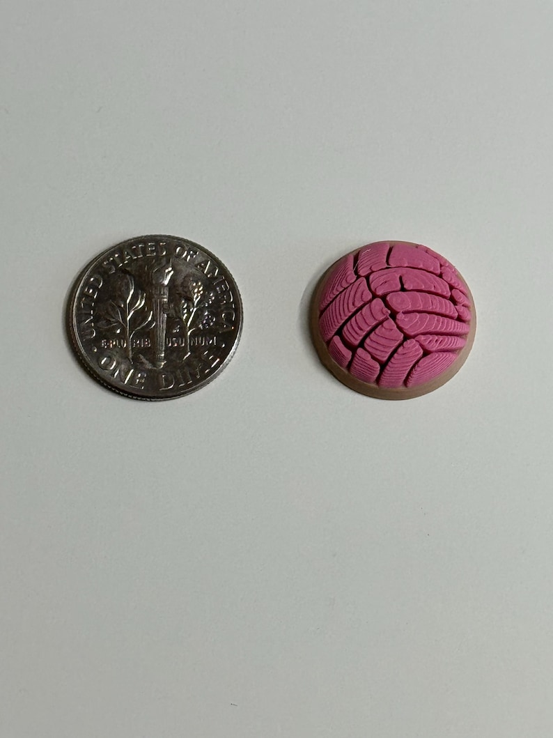 Puede incluir: Un peque&ntilde;o dije redondo de pan concha rosa con un patr&oacute;n texturizado similar a una concha en la parte superior y una base color canela, colocado junto a una moneda de diez centavos de EE. UU. para escala, que mide aproximadamente 1,79 cm de di&aacute;metro.