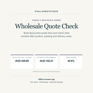Kolla grossistoffert | Rabatt-, ordermarginal- och leveranskalkylator | Offline HTML-skrivbordsverktyg