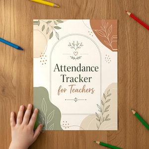 Puede incluir: Un documento de registro de asistencia para docentes con un marco arqueado, arte lineal botánico y formas abstractas en verde salvia, terracota y crema. El texto dice Attendance Tracker for Teachers con un pequeño icono de corazón.