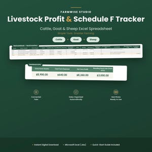 Pode incluir: Uma planilha digital do Excel para rastreamento de lucros de gado e Schedule F para bovinos, caprinos e ovinos. A interface exibe uma tabela de inventário, um painel com indicadores de desempenho e ícones indicando 8 abas conectadas, organização automática de vendas e 150 linhas de rebanho. O texto inclui Farmwise Studio, Simple Tools. Smarter Farming.