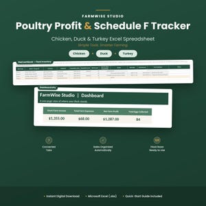 Può includere: Un foglio di calcolo Excel digitale per il monitoraggio dei profitti del pollame e Schedule F per l'allevamento di polli, anatre e tacchini. Include una cartella di lavoro per l'inventario, una dashboard con KPI e sette schede collegate.