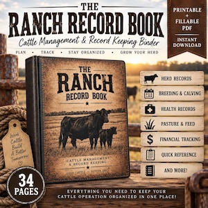 May include: A brown binder titled The Ranch Record Book with a black cow and calf on the cover. The binder features text including Cattle Management & Record Keeping, Good Cattle Better Days, and a list of sections like Herd Records and Financial Tracking.