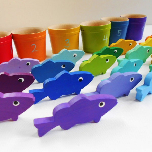 Gone Fishing kids wood montessori color sorting, counting, and matching game buckets of fish