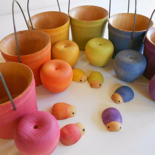 Wood montessori apples buckets bugs color matching sorting counting toddler toy set