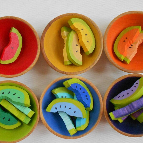 Kid's color sorting matching wood montessori bowls of wooden watermelon slices learning game toy