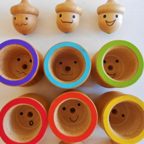 Wood waldorf montessori peek a boo color sorting acorn faces of expressions for autism