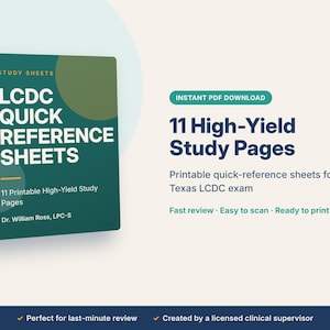 Puede incluir: Una guía de estudio digital para el examen LCDC de Texas con una portada verde oscuro con el texto LCDC QUICK REFERENCE SHEETS, 11 Printable High-Yield Study Pages y Dr. William Ross, LPC-S. El gráfico incluye el texto 11 High-Yield Study Pages.