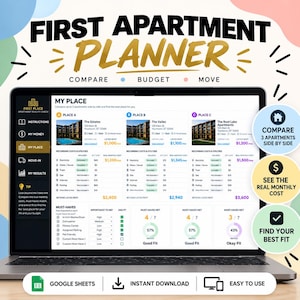 Op de afbeelding: Een digitale appartementplanner op een laptopscherm, met een vergelijkingstabel voor drie woningen genaamd Place A, Place B en Place C. De interface bevat secties voor terugkerende kosten, nutsvoorzieningen en must-have checklists.