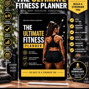 May include: A digital 90-day fitness planner displayed on a tablet screen, featuring the text The Ultimate Fitness Planner, Mind. Body. Discipline. Consistency. and 90 Days to a Stronger You, with a white stylus resting on a wooden surface below.