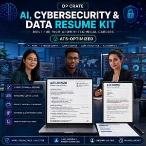 May include: A digital resume kit for AI, cybersecurity, and data careers, featuring a laptop and tablet displaying a two-page technical resume and cover letter for Alex Johnson, alongside a project worksheet, all ATS-optimized for professional use.