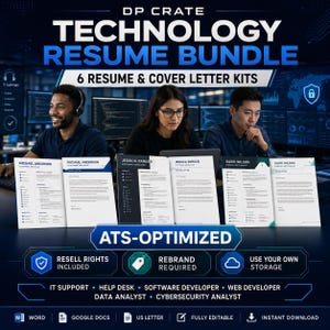 May include: A digital product display for the DP CRATE TECHNOLOGY RESUME BUNDLE featuring 6 resume and cover letter kits. The graphic includes text labels for IT Support, Software Developer, and Cybersecurity Analyst roles, plus ATS-OPTIMIZED branding.