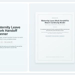 Könnte beinhalten: Ein weißes digitales Dokument mit dem Titel Maternity Leave Work Handoff Planner, das Abschnitte für Vertretung, Projektübergabe und Kontinuität bei der Rückkehr an den Arbeitsplatz enthält. Es zeigt Textetiketten für US Letter und A4 Formate.