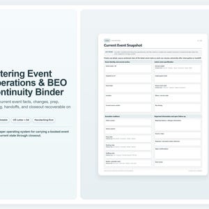 Può includere: Un documento stampabile bianco intitolato Catering Event Operations & BEO Continuity Binder, che presenta un modulo Current Event Snapshot con sezioni per l'identità dell'evento, le specifiche, la preparazione e le informazioni di follow-up.