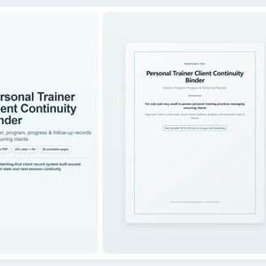 Peut inclure: Un document numérique intitulé Personal Trainer Client Continuity Binder, présentant des dossiers de session, programme, progrès et suivi pour les clients récurrents. La mise en page inclut du texte, des listes et des formats A4 et US Letter.