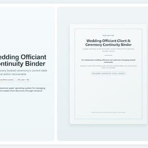 May include: A white digital document titled Wedding Officiant Continuity Binder, featuring a 37-page workflow system for US Letter and A4 sizes. The text outlines a professional paper operating system for managing booked couples from discovery through closeout.