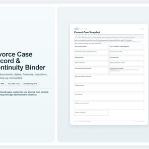 Può includere: Un sistema di raccoglitore per la registrazione e la continuità dei casi di divorzio in PDF stampabile. Il lato sinistro mostra il titolo e le caratteristiche, mentre il destro mostra un modulo di riepilogo del caso con campi per i riferimenti.
