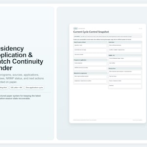 Op de afbeelding: Een Residency Application & Match Continuity Binder document met een Current Cycle Control Snapshot pagina met georganiseerde secties voor bronnen, interviews, programma's, sollicitaties, materialen, opdrachten, NRMP en cv-gegevens.