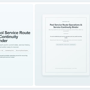 Puede incluir: Un documento digital titulado Pool Service Route & Continuity Binder, con texto sobre operaciones de servicio de piscinas residenciales, historial de servicio y sistemas de rutas recurrentes, disponible en formatos US Letter y A4 para escritura.
