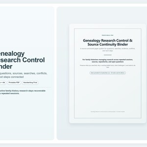 May include: A digital display showing a Genealogy Research Control Binder, a printable PDF system for family history. The text includes titles, descriptions of research management, and labels for US Letter and A4 paper sizes.