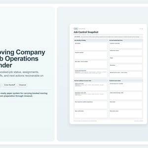 Può includere: Un documento bianco intitolato Job Control Snapshot con sezioni per Job Identity & Timing, Current booked job form, Current readiness & access data e Control & next action. Il testo include le etichette Dispatch, Crew Handoff e Closeout.