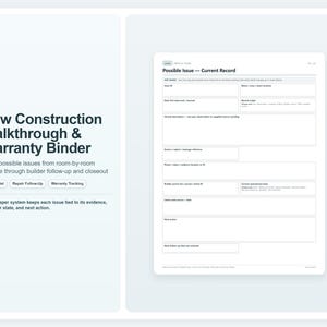 Könnte beinhalten: Ein New Construction Walkthrough & Warranty Binder Dokument mit einem weißen Formular mit dem Titel Possible Issue — Current Record. Das Formular enthält Felder für Problem-ID, Raum, Datum, Beschreibung, Beweise und nächste Schritte.