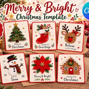 Può includere: Un set di sei modelli di biglietti di auguri natalizi con disegni in string art di un albero, una calza, una renna, un pupazzo di neve, una stella di Natale e una casa, con testi come Merry Christmas, Season's Greetings e Believe in the Magic.