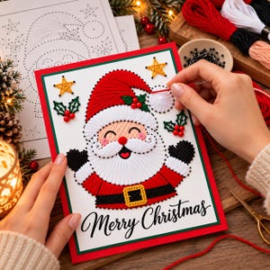 May include: A string art Christmas card featuring a stitched Santa Claus with a red hat, white beard, and black belt. The design includes yellow stars and green holly leaves with red berries. The text Merry Christmas is printed at the bottom.