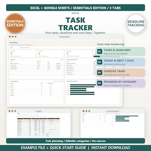 May include: A digital task tracker spreadsheet for Excel and Google Sheets featuring three tabs. The interface displays a summary dashboard, task lists, and category progress charts with text including Task Tracker, Essentials Edition, and Deadline Tracking.