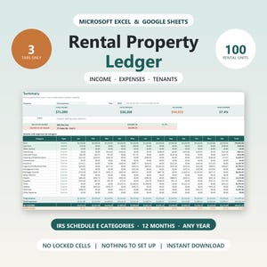 Può includere: Un foglio di calcolo digitale per la contabilità di proprietà in affitto per Microsoft Excel e Google Sheets. L'interfaccia presenta una dashboard di riepilogo e una tabella dettagliata di entrate e uscite mensili.