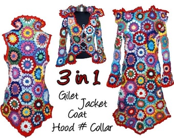 CROCHET PATTERN  * 3 in 1 - heXagon * Vest, jacket, coat, with hood or collar, instant download, pdf-datei,  multicolor granny square coat
