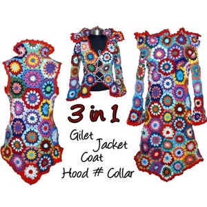 CROCHET PATTERN  * 3 in 1 - heXagon * Vest, jacket, coat, with hood or collar, instant download, pdf-datei,  multicolor granny square coat