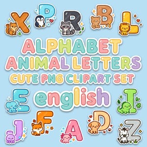 Carino Kawaii Animal Alphabet A-Z, 26 lettere PNG Clipart animali, poster di apprendimento ABC per bambini, stampabile per la scuola materna, download digitale