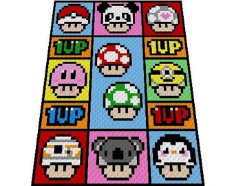 May include: A colorful, pixelated blanket featuring various mushroom and animal designs, including a panda, koala, and penguin. Each design is set within a square, with the text "1UP" displayed below each image. The blanket is a vibrant mix of colors.