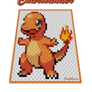 Op de afbeelding: Een pixel art kruissteekpatroon van Charmander, een vuur-Pokémon, met oranje, gele en zwarte kleuren. Het patroon is omlijst met een oranje rand en de tekst "Charmander" staat in oranje boven het patroon.