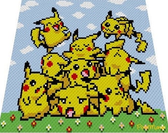 Pikachus - Pokémon inspirierte Decke - Häkelmuster, Grafik für C2C, Häkeldecke Ecke zu Ecke,  mit geschr. & Farb-Block Anleitung