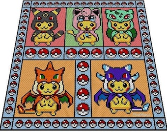 Manta inspirada en la fiesta de disfraces de PIKACHUS: patrón de crochet, gráfico para tejer de esquina a esquina, con instrucciones tipográficas y de bloques de color.