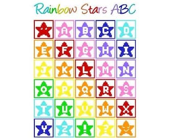 Rainbow Strars ABC, Häkelmuster, Grafik für C2C, komplett od. einzeln, Häkeldecke Ecke zu Ecke,  mit geschriebener Anleitung