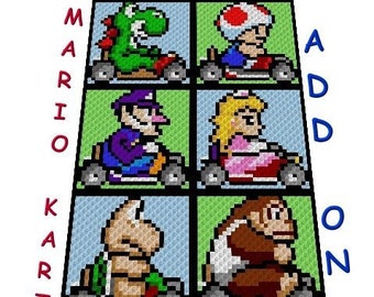 May include: A pixelated image of Mario Kart characters, including Mario, Luigi, Donkey Kong, Peach, Yoshi, and Toad, in their respective karts. The image is titled "Mario Kart" with the words "Add On" below the image.